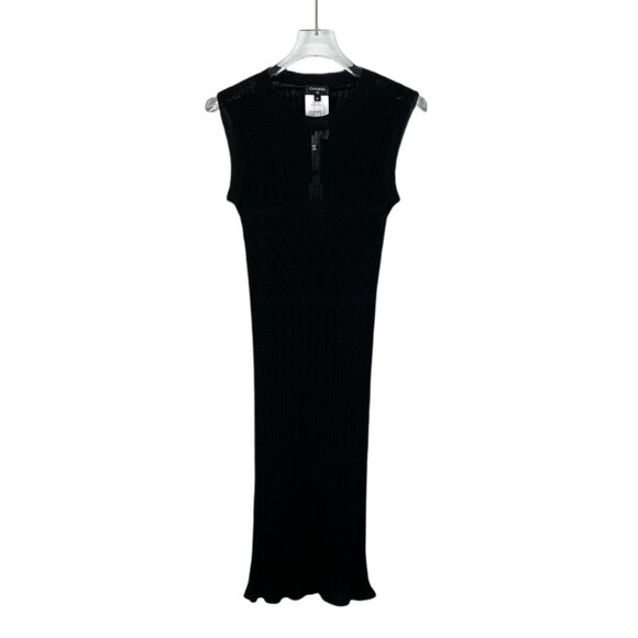CM0326 Chanel Chanel black logo diamond round neck sleeveless silk knit dress 38